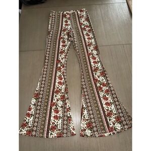 Bear Dance Womens Floral Geometric Boho Flare Bell Bottom Pants Large Red Brown